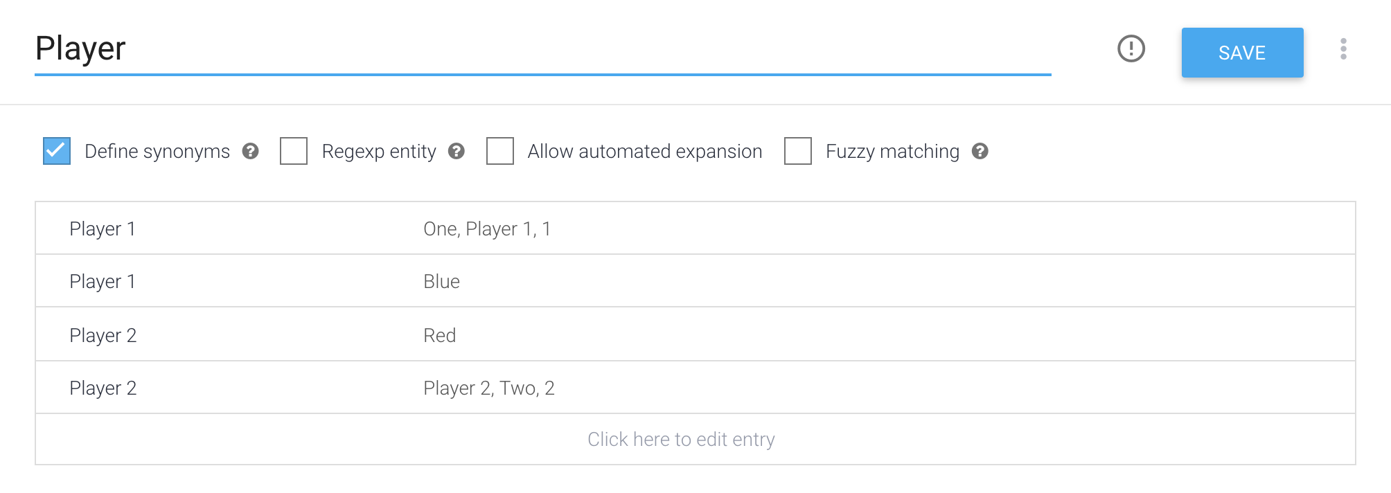 Screenshot of DialogFlow Entities